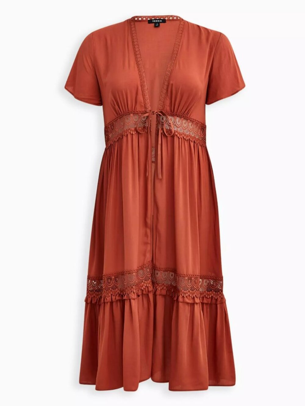 Torrid Duster Kimono Tiered Lace Inset Longline Terra Cotta Rust Colour Size 2X